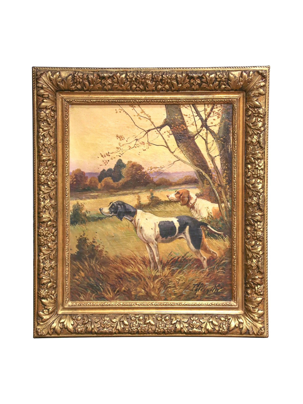 1900 English Pointer Hunting Dogs Pendant Pair Oil Paintings Two Weston Table