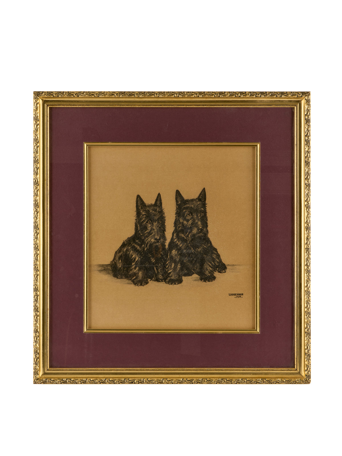 1934 Louise Hahn Scottie Dog Charcoal Framed Art Weston Table