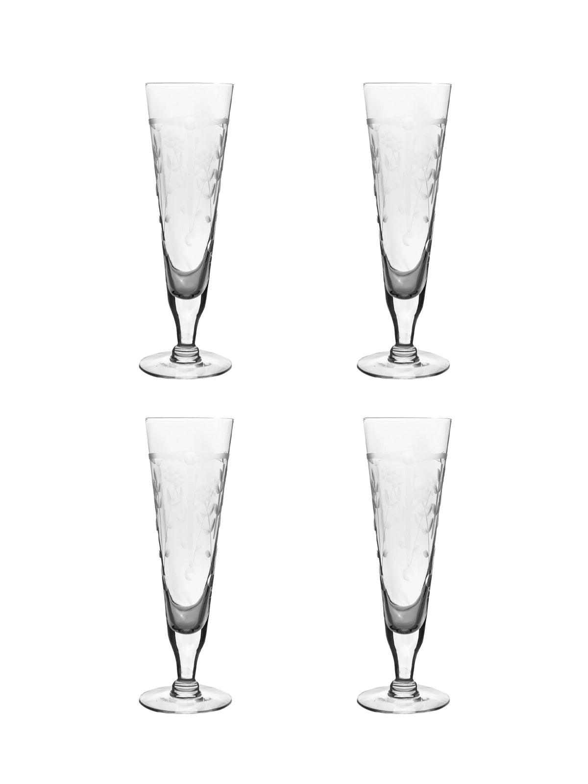 Vintage 1940s American Floral Etched Footed Collins Glass Set of Four