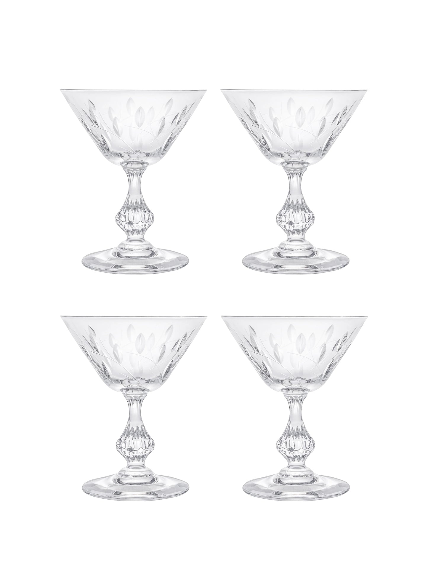 Vintage 1960s Crystal Faceted Stem Champagne Coupes Set of Four