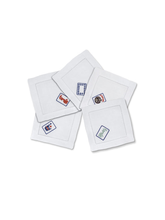 Embroidered Mahjong Linen Cocktail Napkins Weston Table