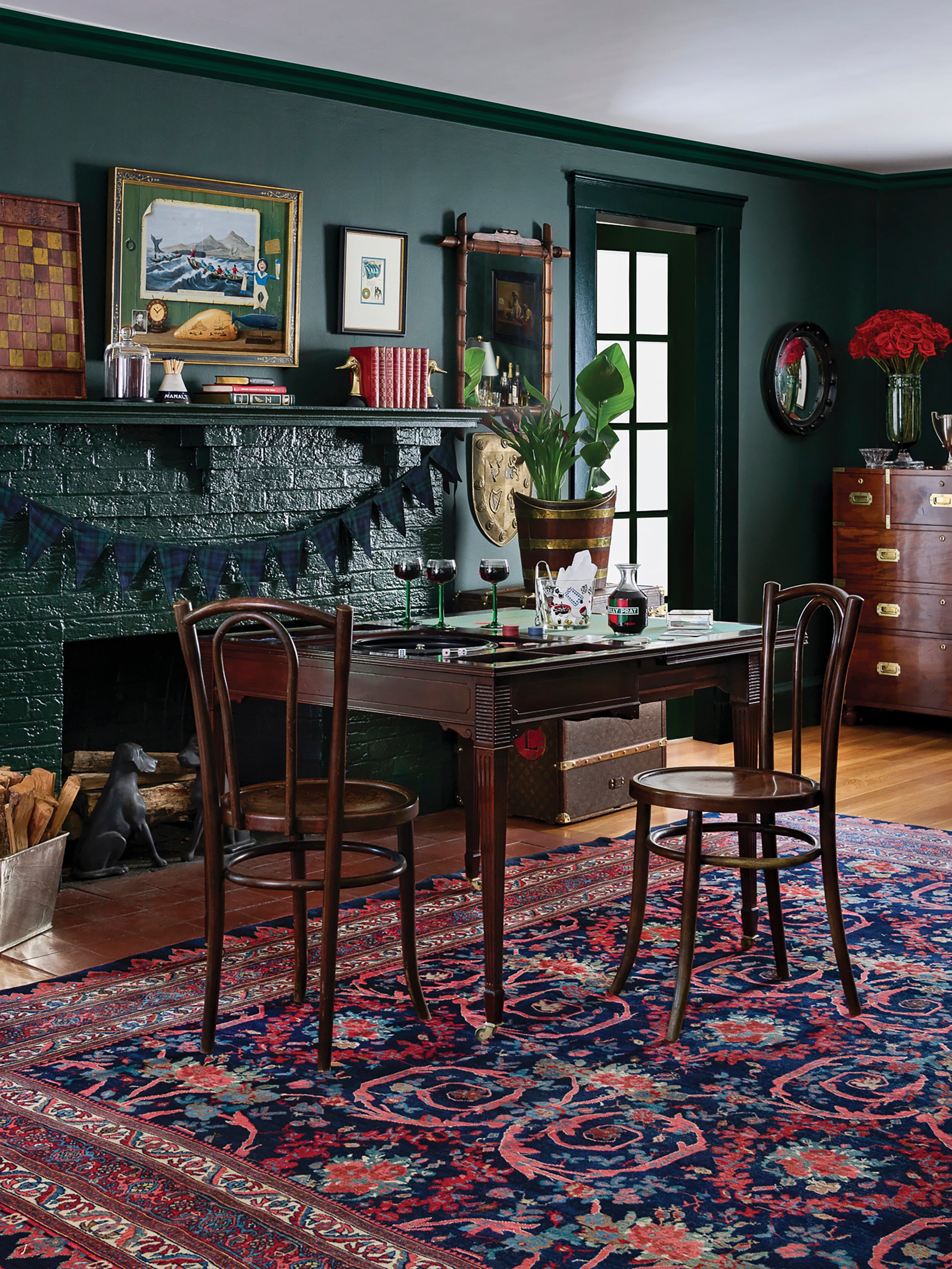 Landry & Arcari 1920s Hand Knotted Persian Navy & Coral Rug Weston Table