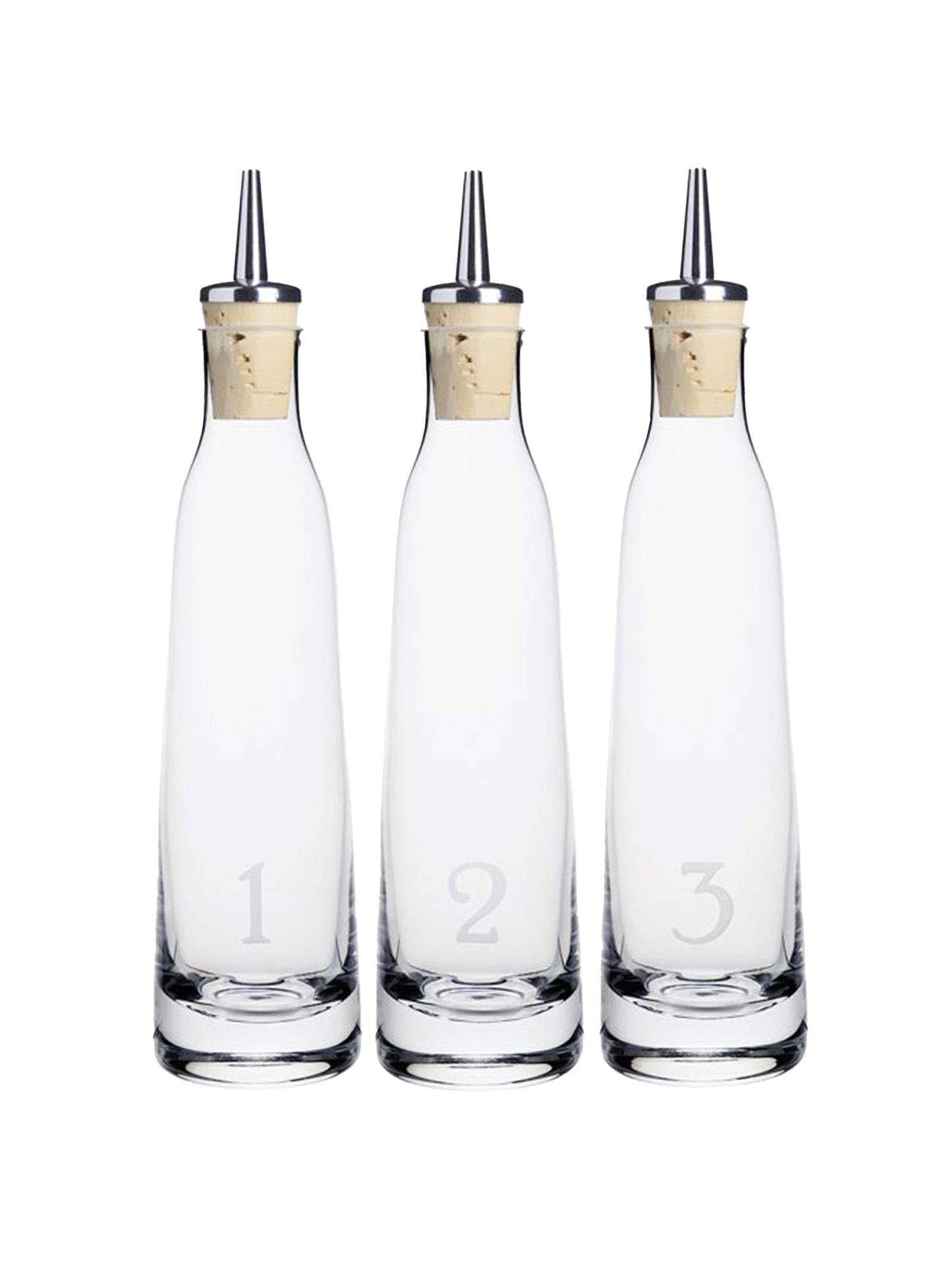 Jenkins Numbered Simple Syrup, Shrub, and Bitters Bottles One, Two, and Three Weston Table