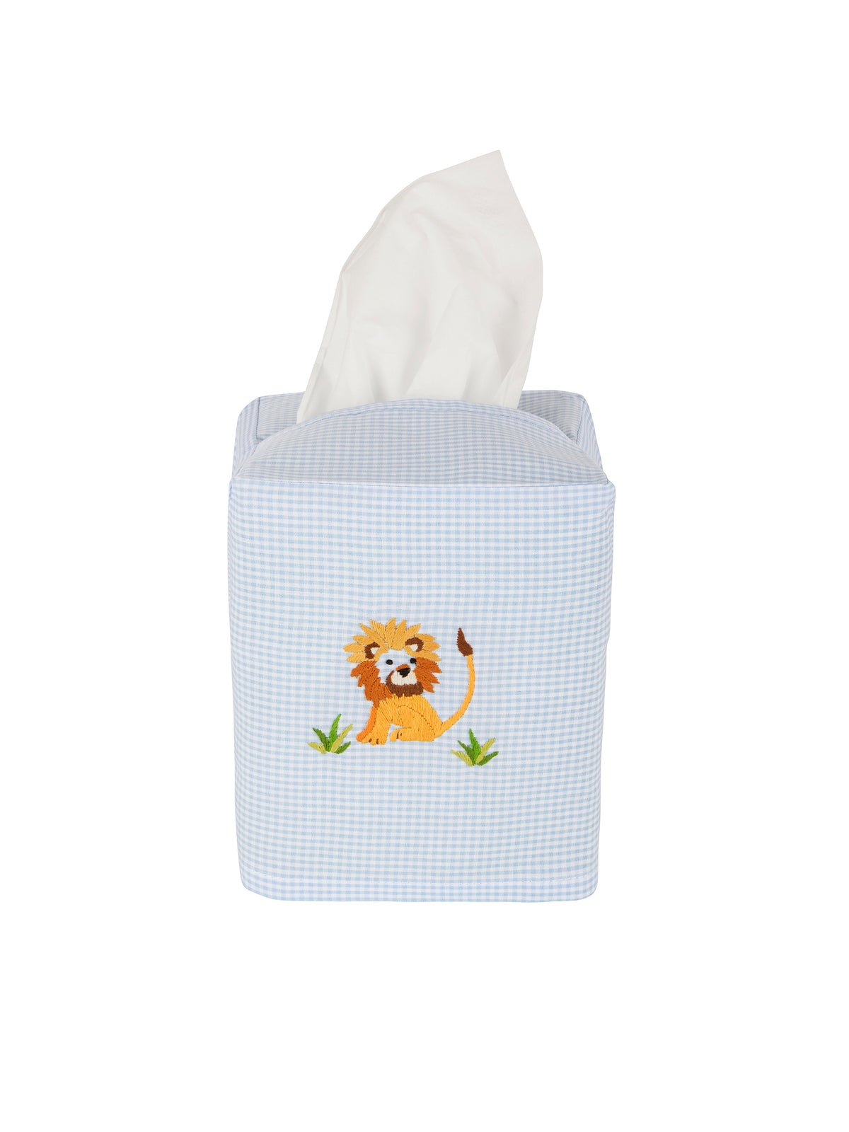Lion Embroidered Blue Gingham Tissue Box Cover Weston Table