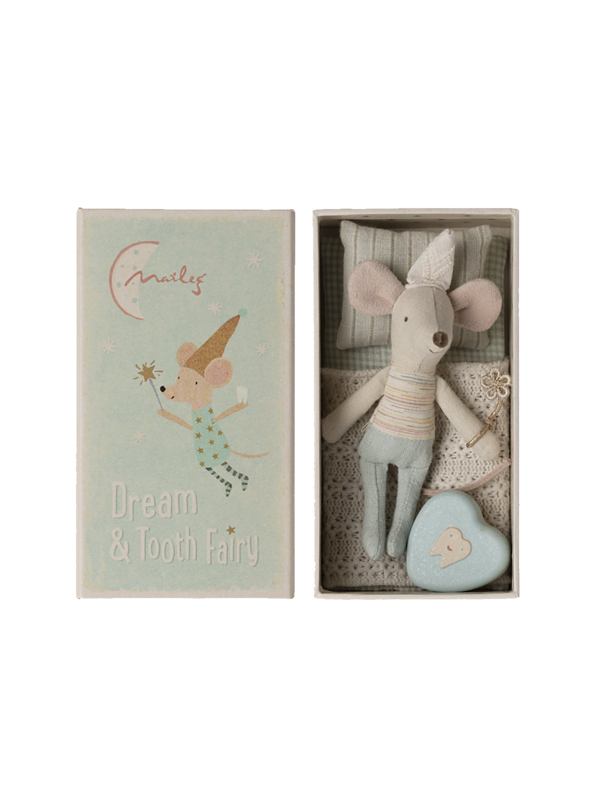 Maileg Tooth Fairy Little Brother Mouse in Matchbox Weston Table