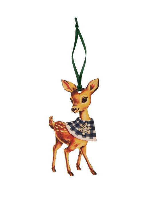 Nostalgic Deer Ornament Blue and White Plaid Scarf Weston Table