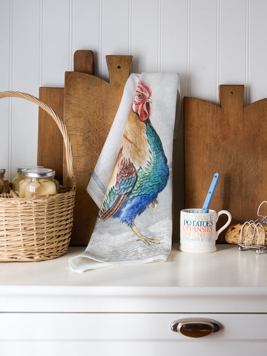 Rooster Blue Border Kitchen Towel Weston Table