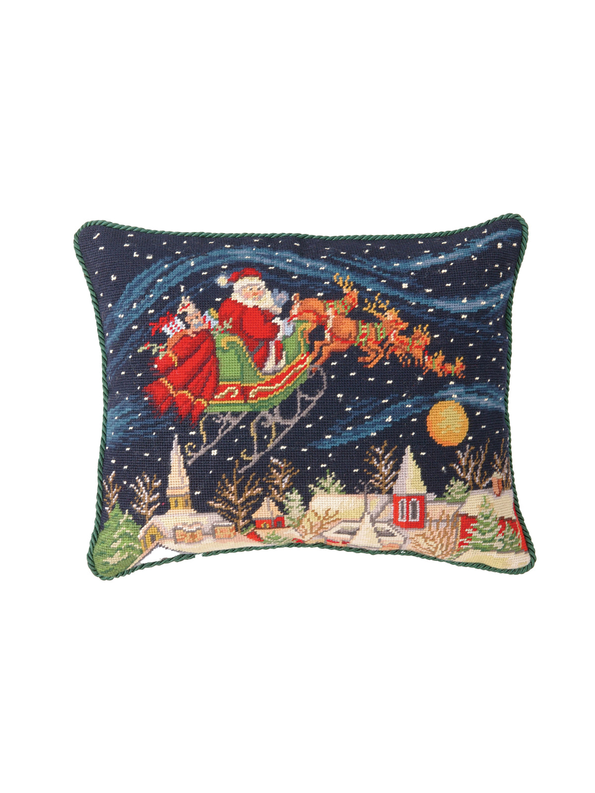 Santa in Snowy Sky Needlepoint Pillow Weston Table