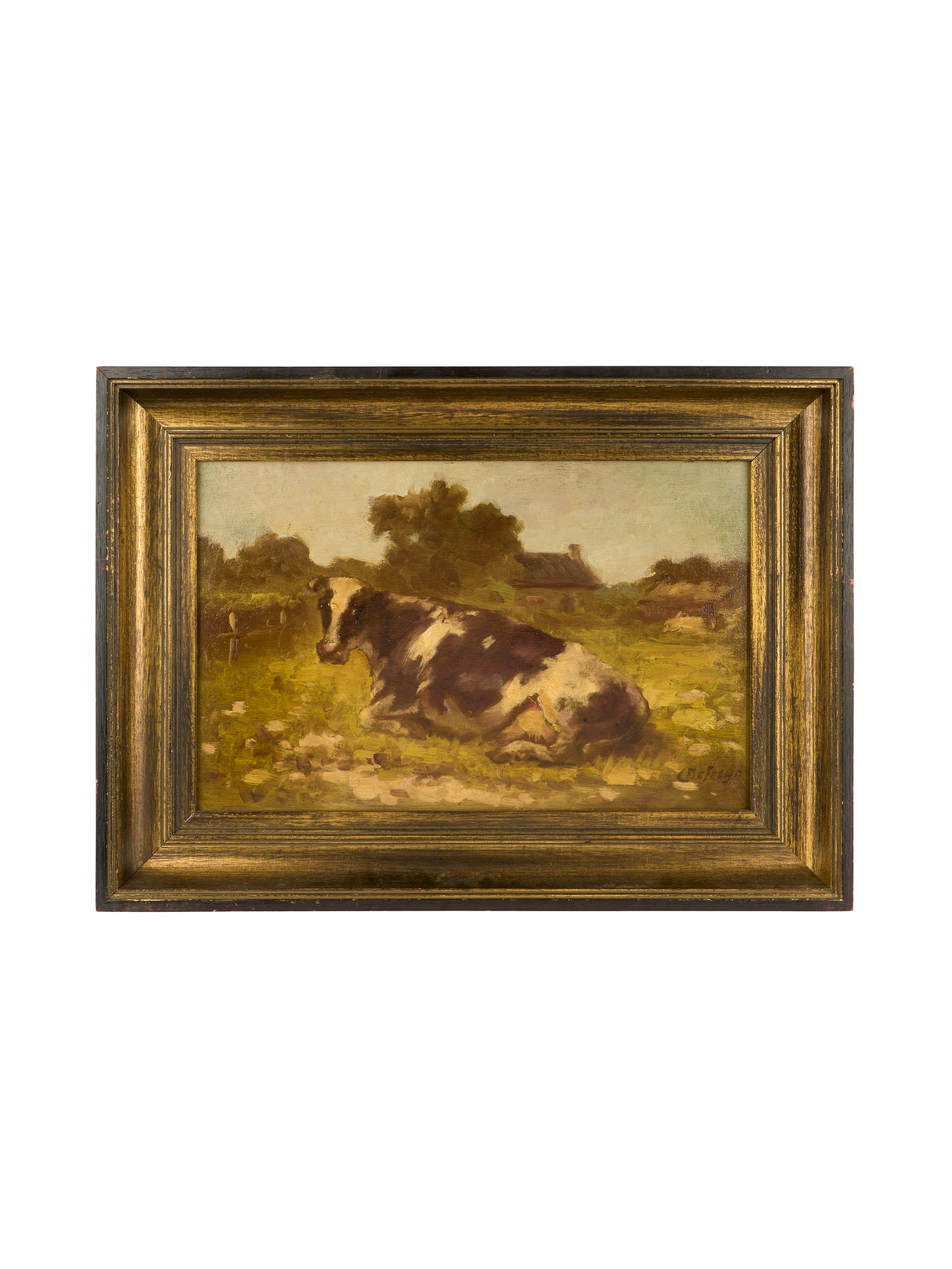 Vintage 1920s Friesian Cow Oil on Wood Painting Weston Table