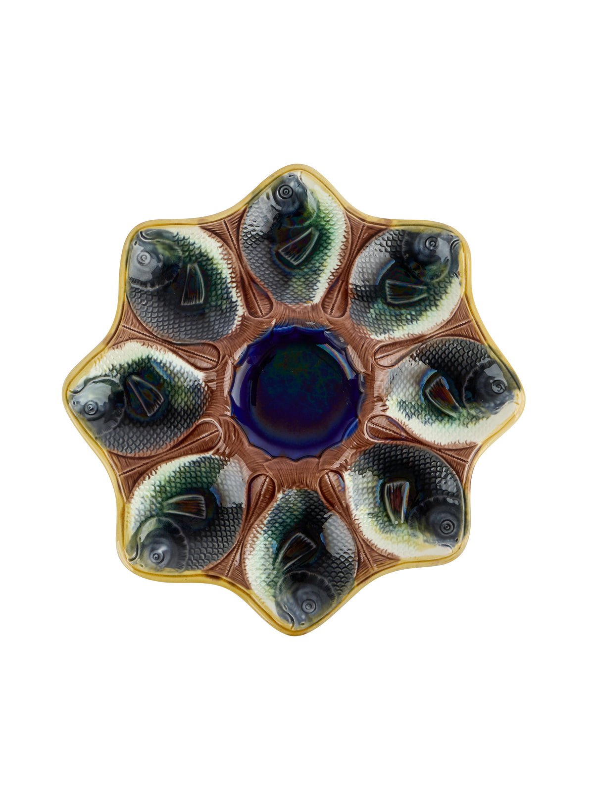 Vintage 19th Century Majolica Oyster Plate with 8 Fish Wells Weston Table