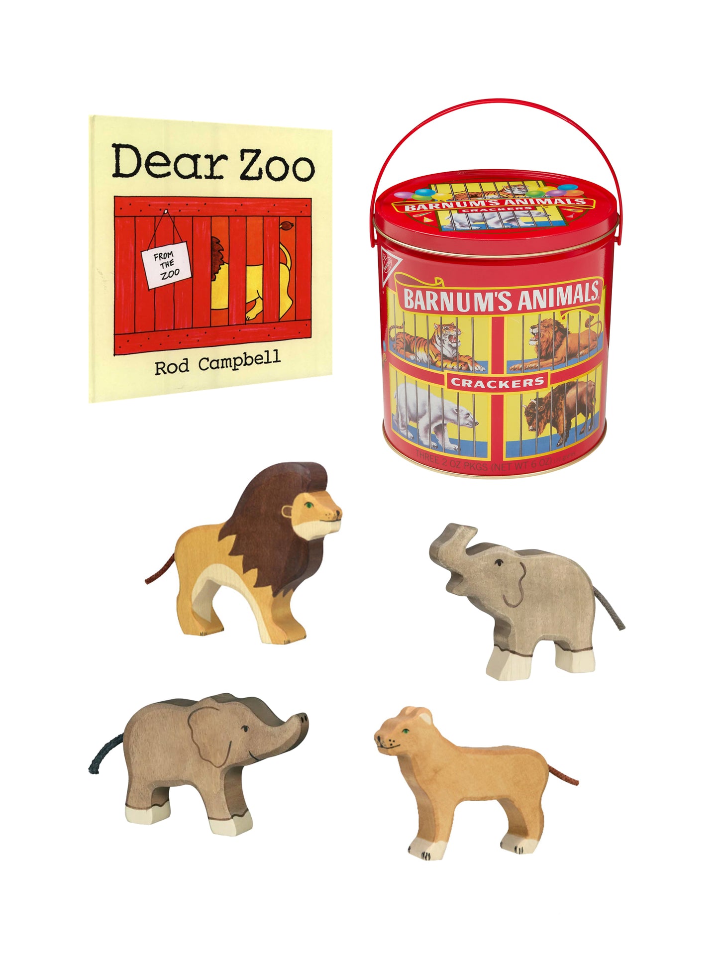 Vintage Animal Cracker Tin with Wooden Circus Toys Gift Set Weston Table
