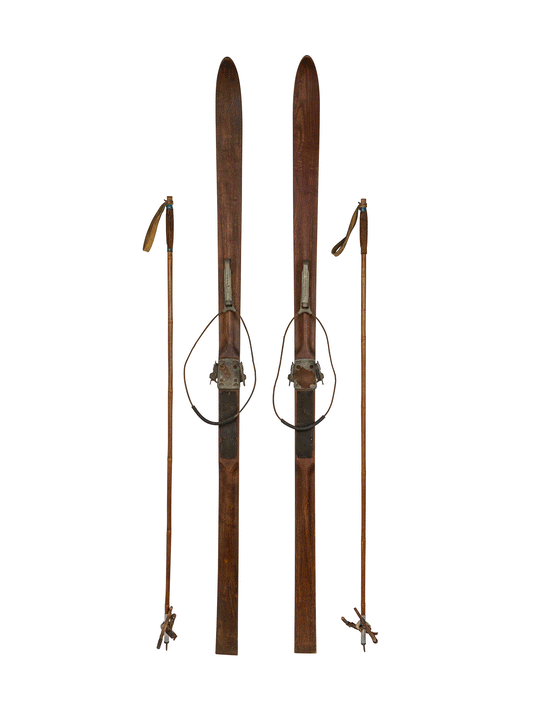 Vintage European Wooden Skis and Poles