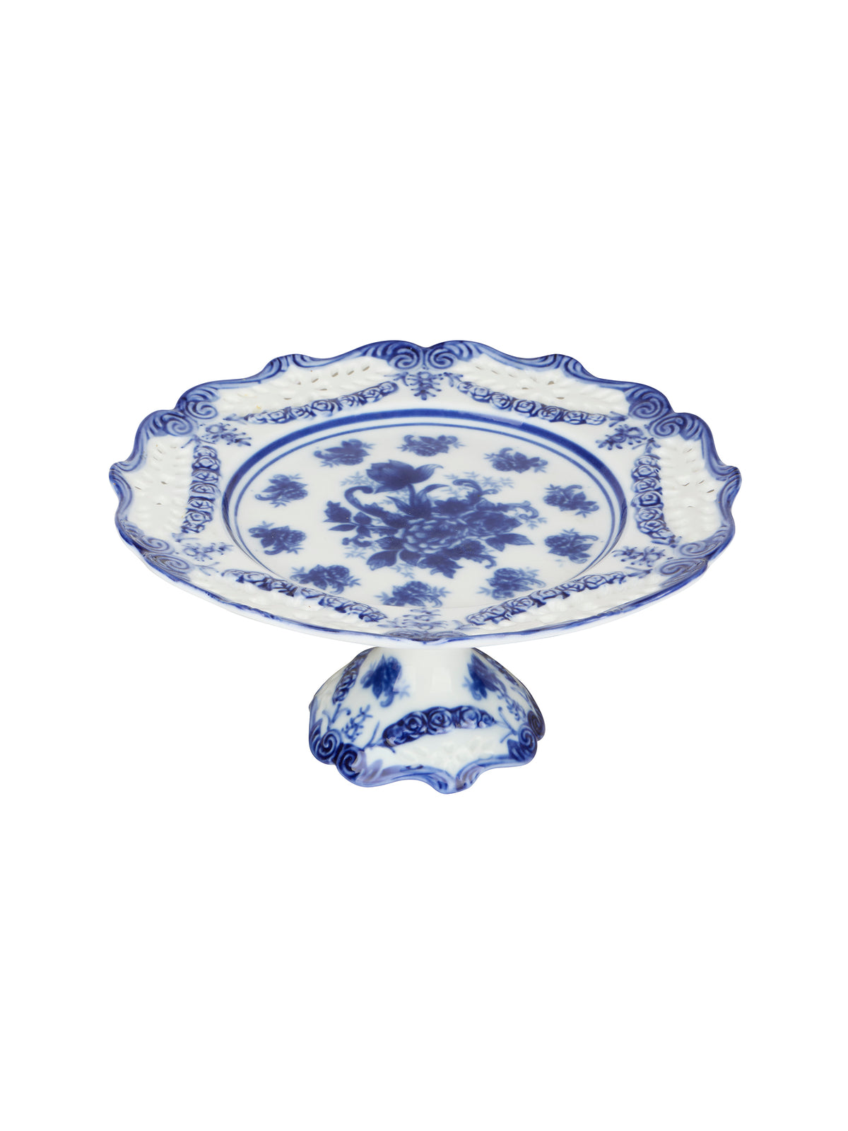 Vintage English Blue Floral Stoneware Dessert Stand Weston Table