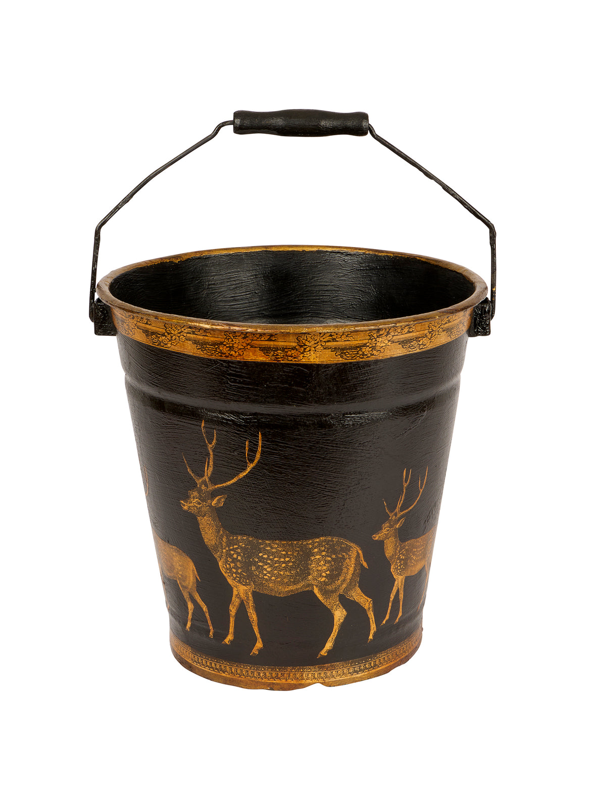 Vintage English Decoupage Black Deer Bucket