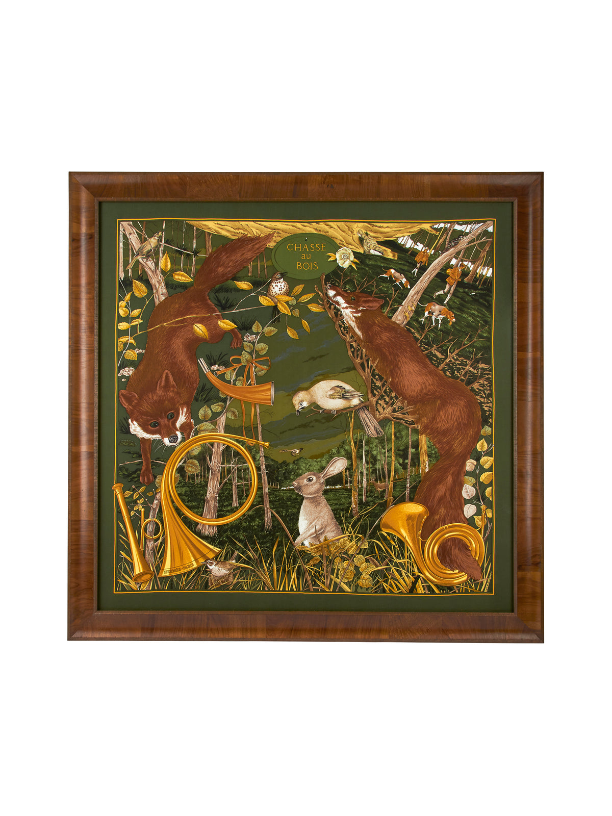 Vintage Hermes Chasse au Bois Silk Scarf Green Framed Art Weston Table