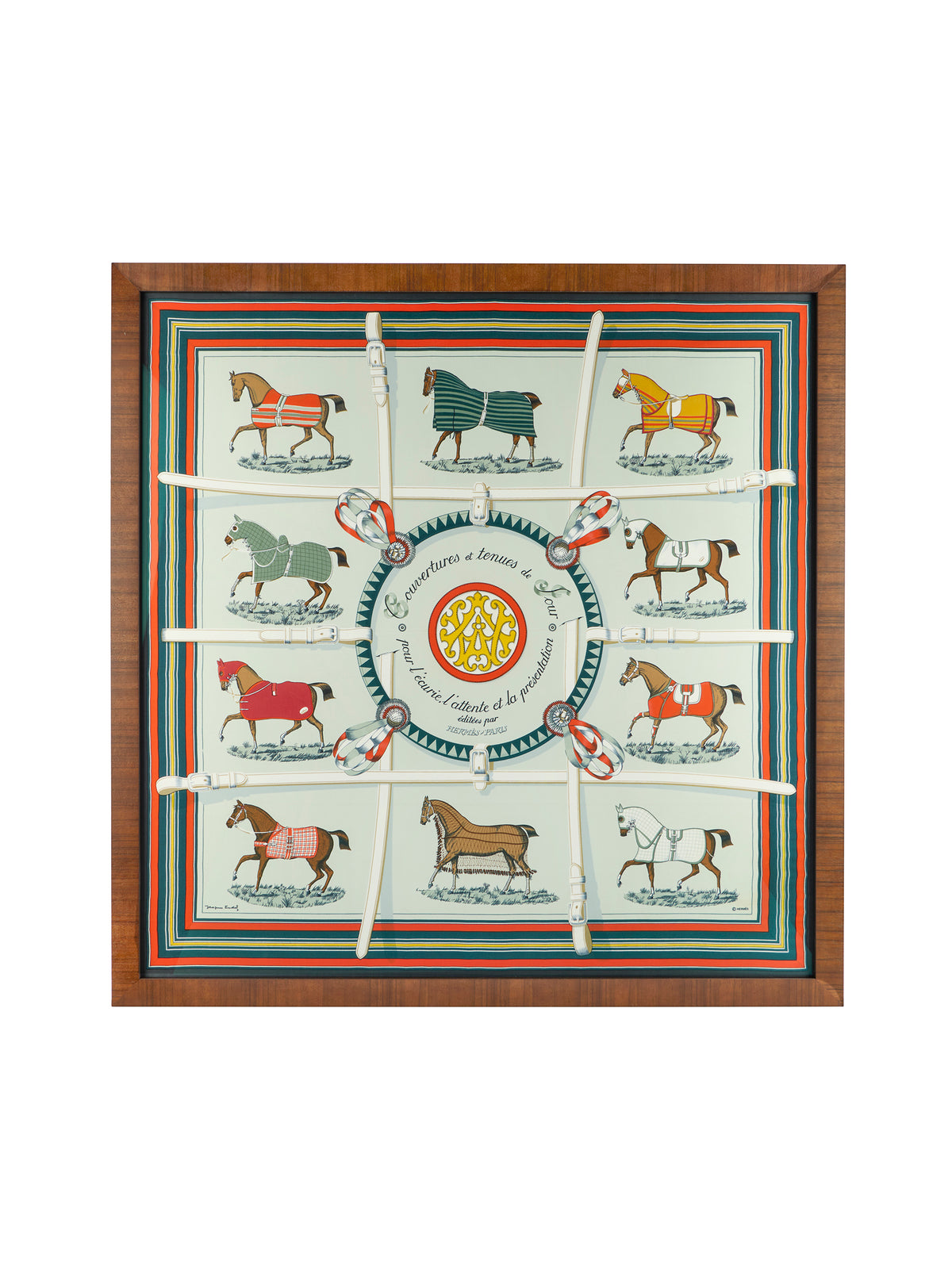 Vintage Hermes Couvertures et Tenues de Jour Silk Scarf Grey Border Framed Art Weston Table