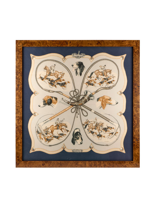Vintage Hermes Le Laisser Courre Hunting Dogs Scarf Framed Art Weston Table