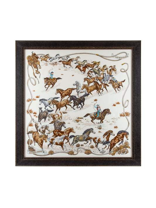 Vintage Hermes Mustangs Silk Scarf Framed Art Weston Table