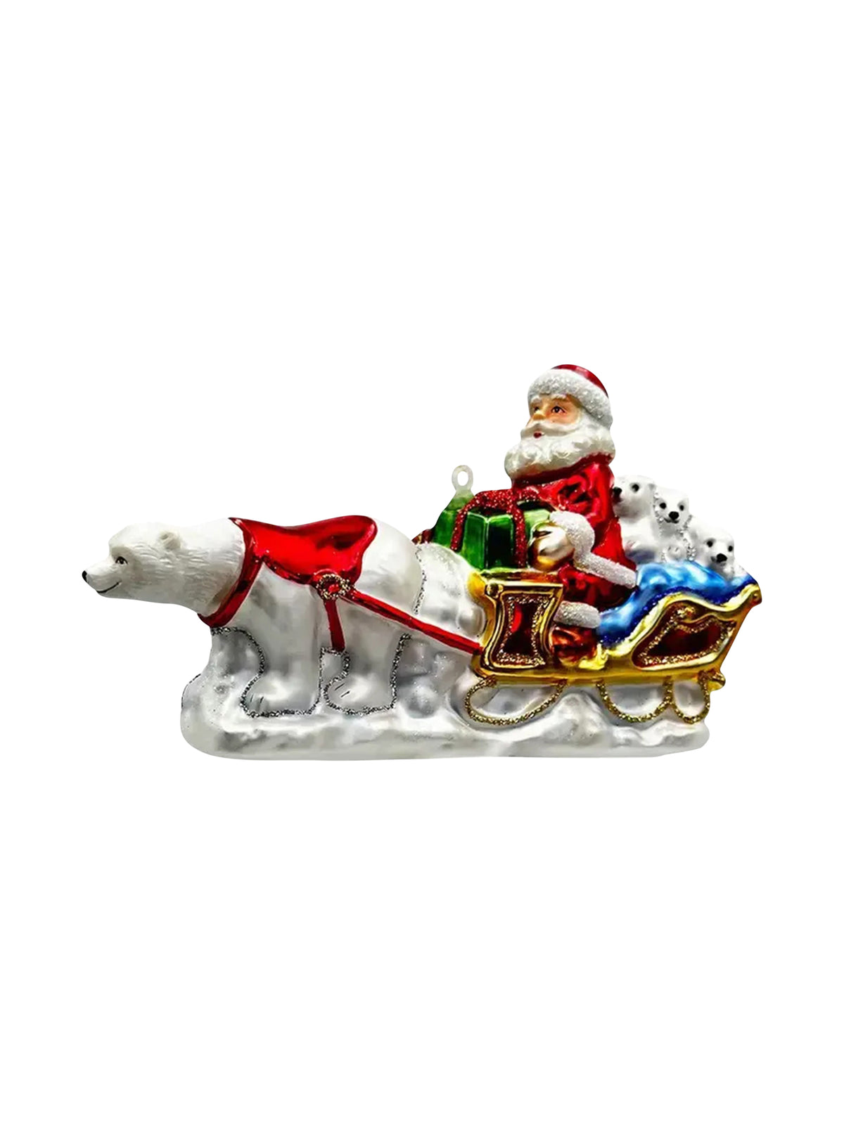 Polar Bear Pulling Santa Sleigh Glass Ornament