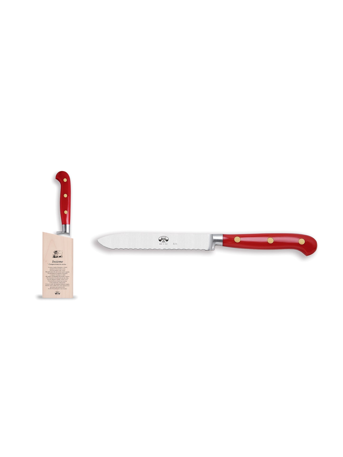 Berti Cutlery Red Insieme Lucite Tomato Knife with Wood Block Weston Table
