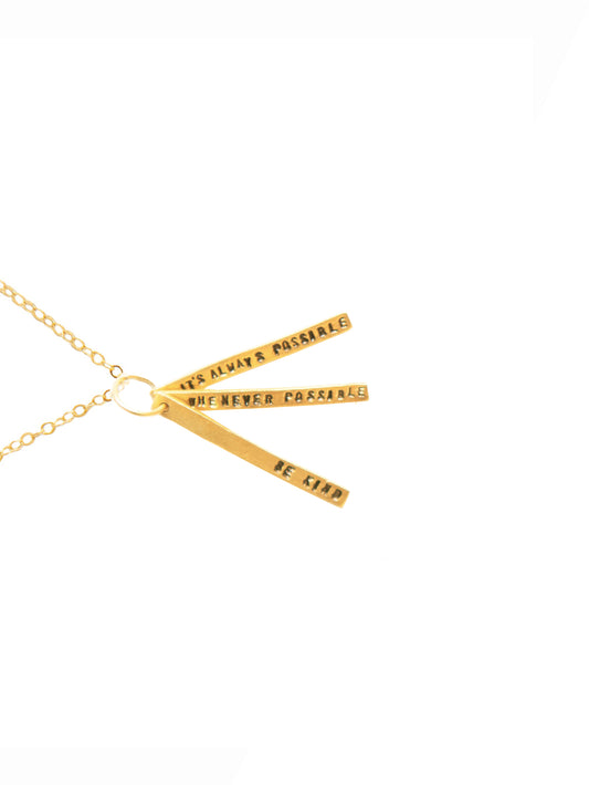 Chocolate & Steel Long-Bar Quote Necklace Dalai Lama Gold Weston Table