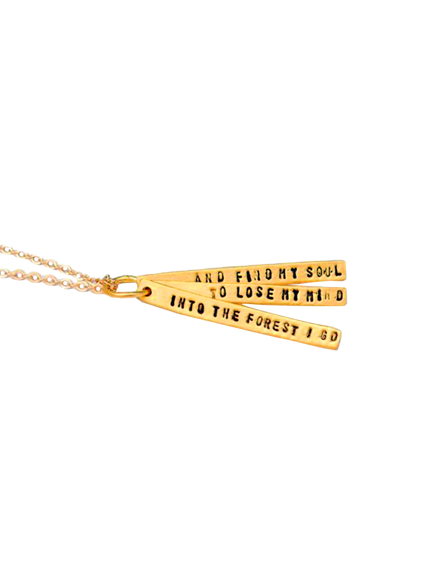 Chocolate & Steel Long-Bar Quote Necklace John Muir Into the Forest I Go Gold Weston Table