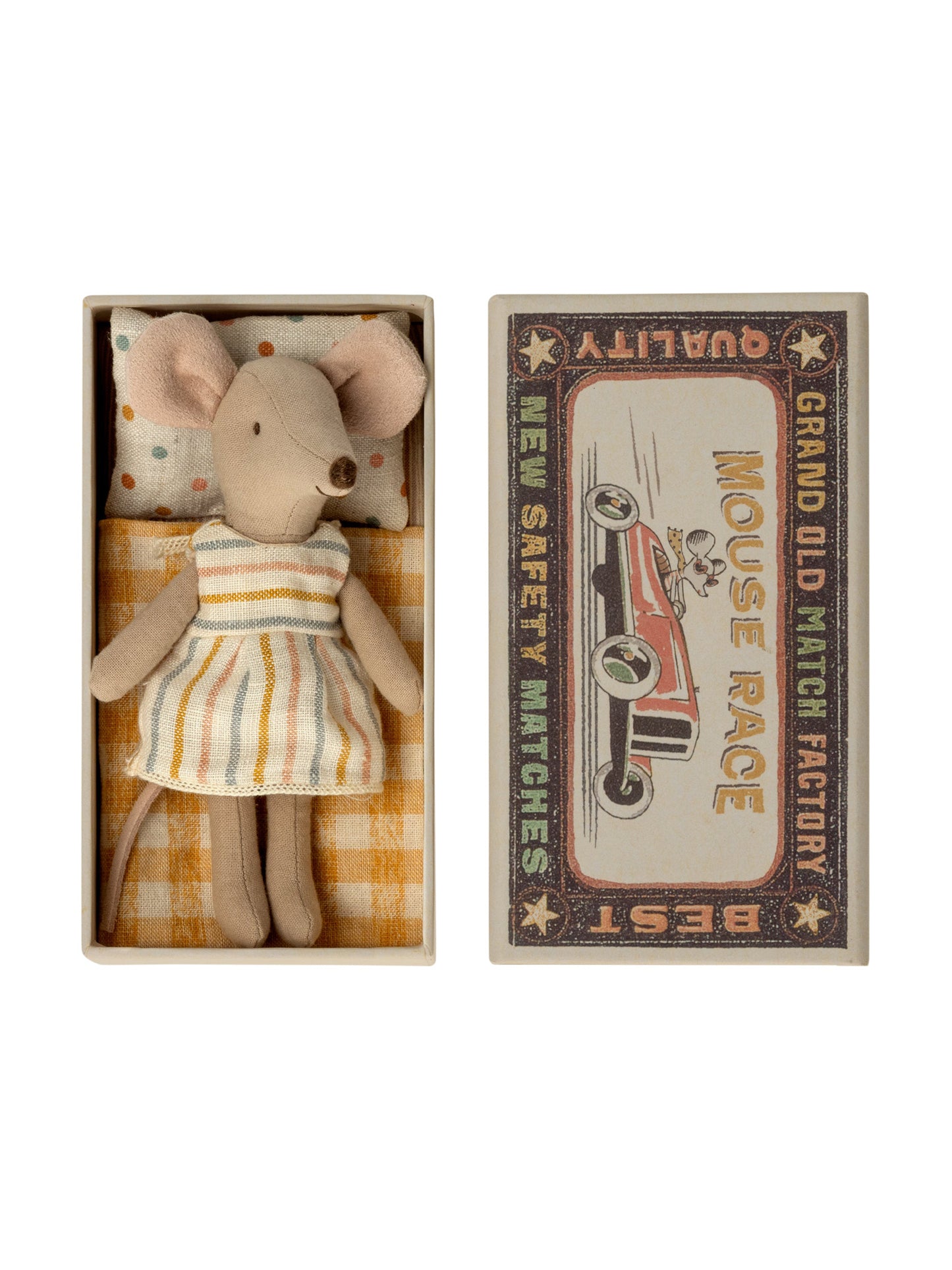 Maileg Big Sister Mouse in Matchbox Striped Dress Weston Table