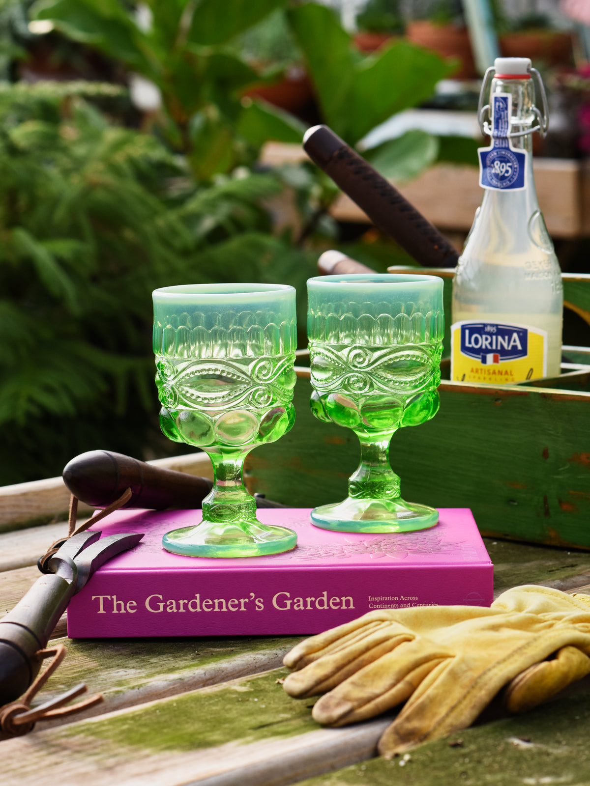 Mosser Glass Eye Winker Goblet Set Green Opal Weston Table