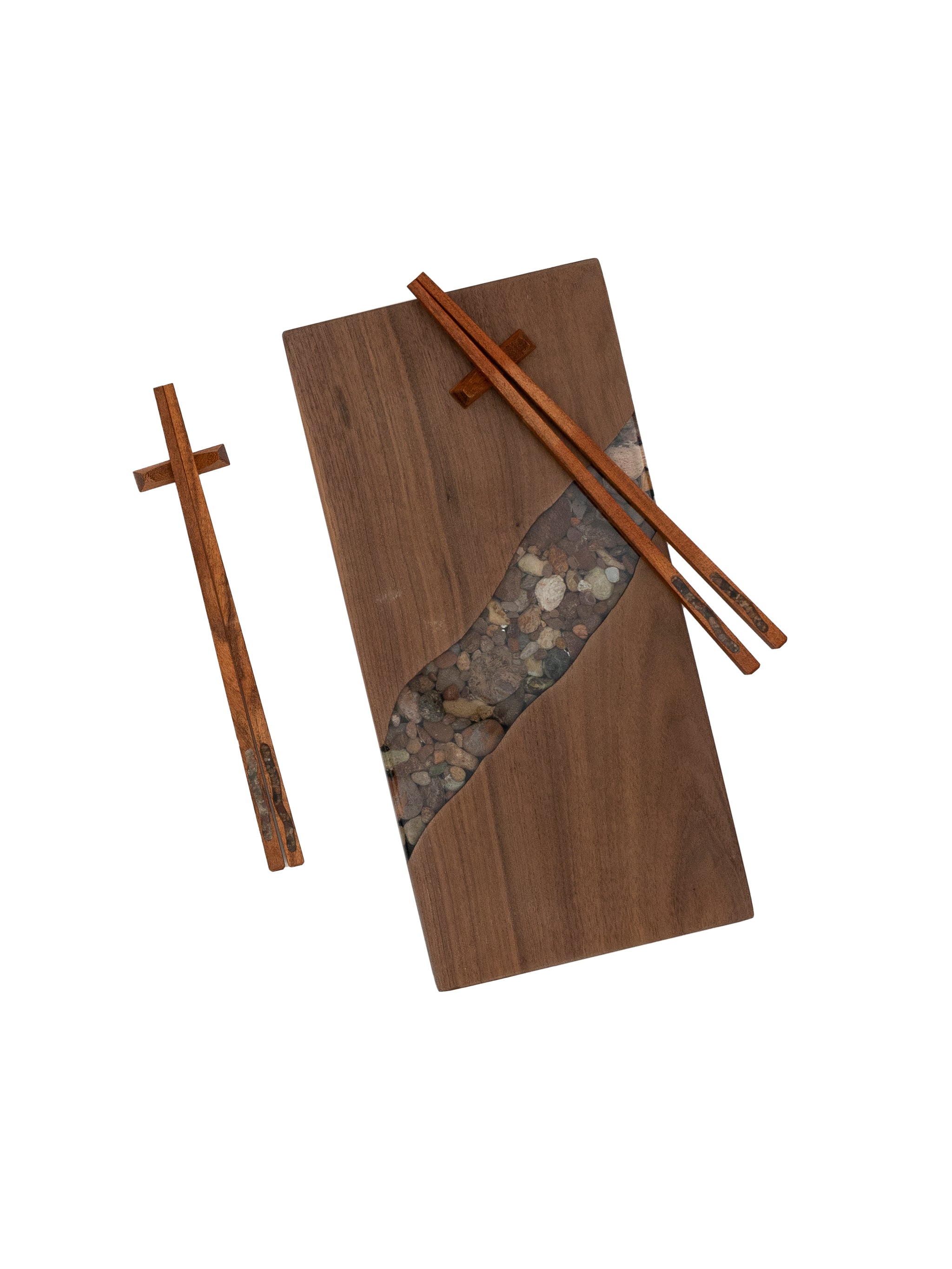 River Rock Inlay Sushi Board and Chopsticks