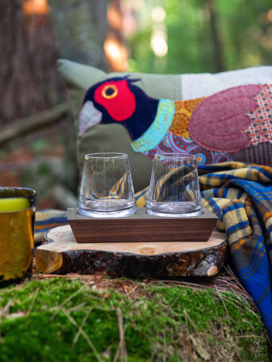 Simon Pearce Ludlow Whiskey Glass Set with Wood Base Weston Table