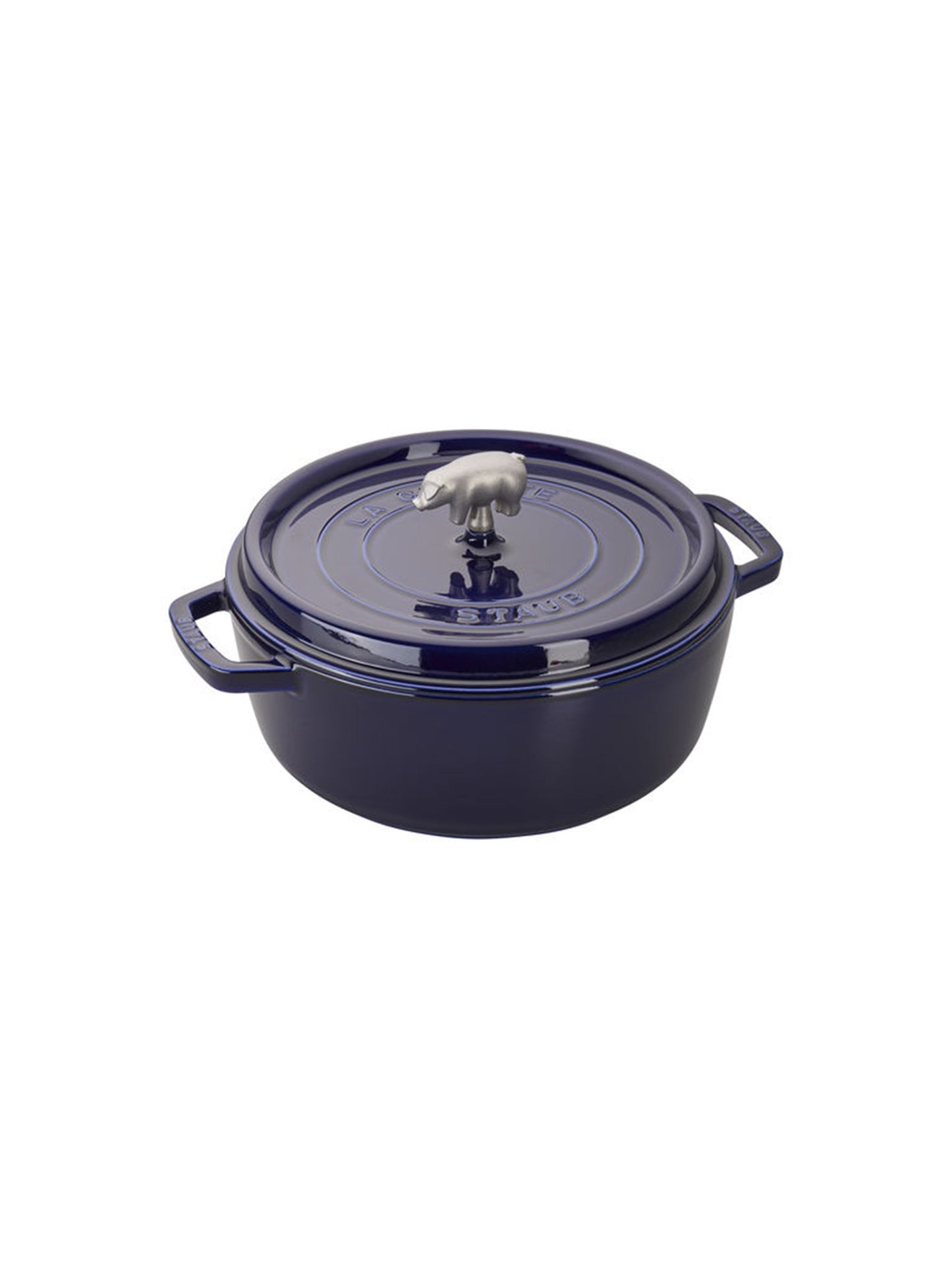 Staub Cast Iron 6 Quart Shallow Cochon Round Cocotte Dark Blue Weston Table