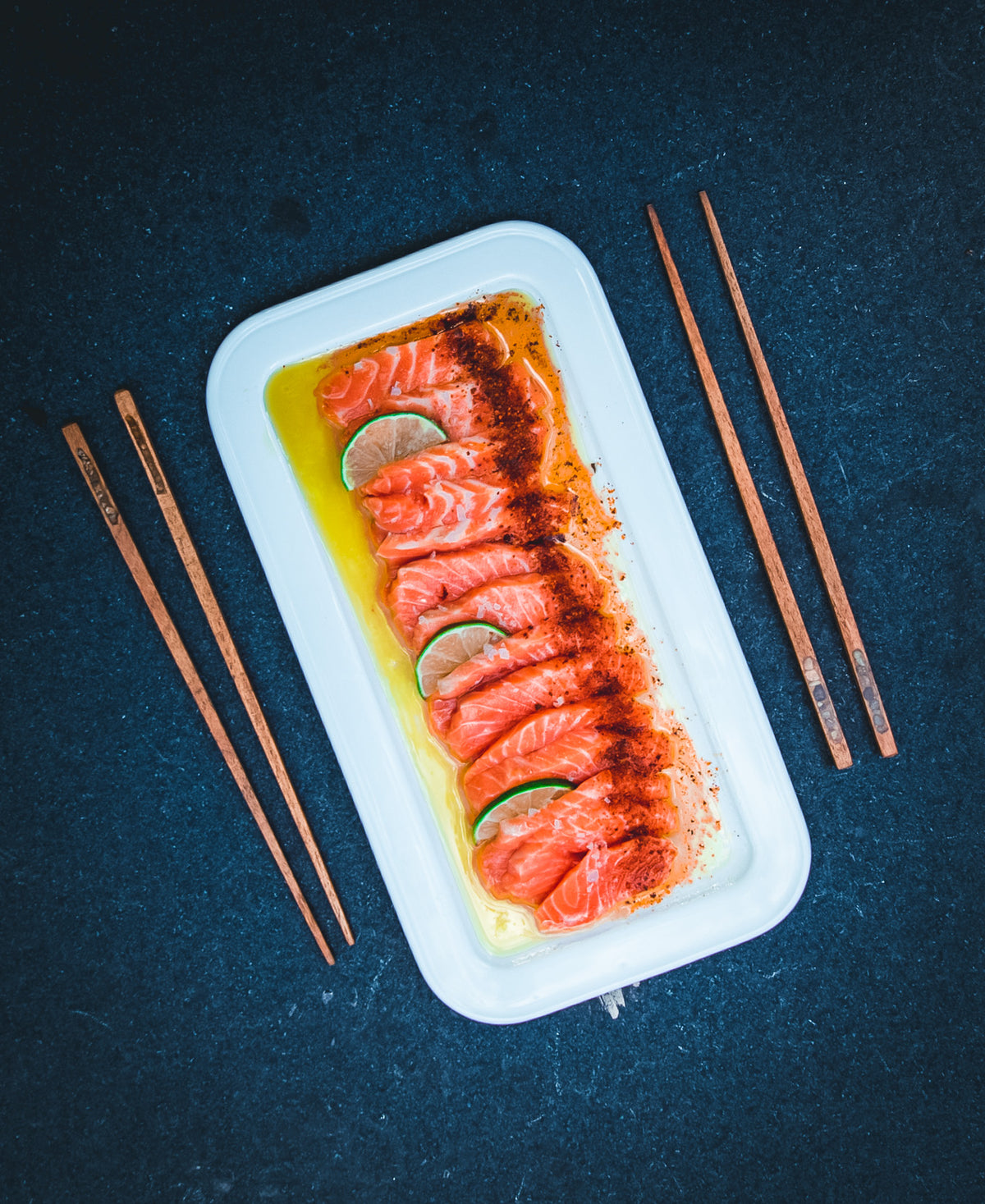 Ora King Salmon Crudo Togarashi, Pistachio Oil & Lime Recipe Weston Table
