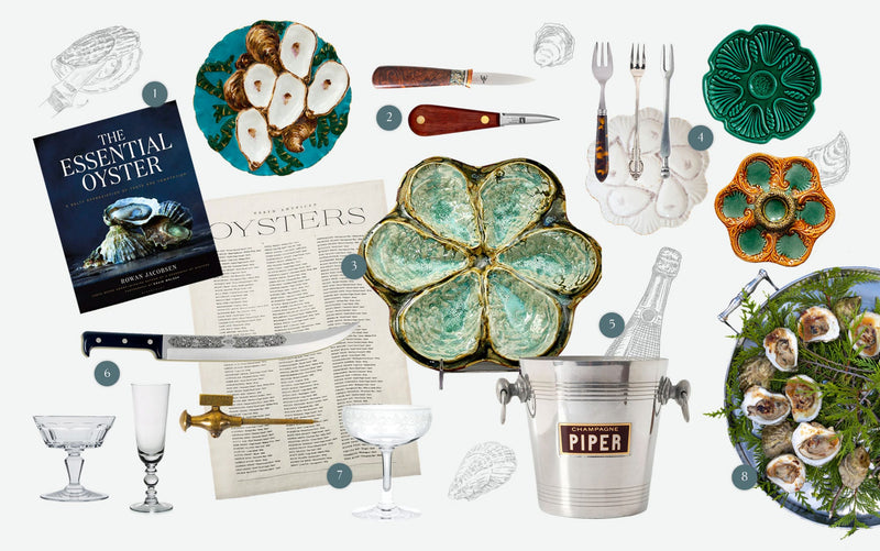 Oyster plates, oyster knives and accessories, and champagne glasses