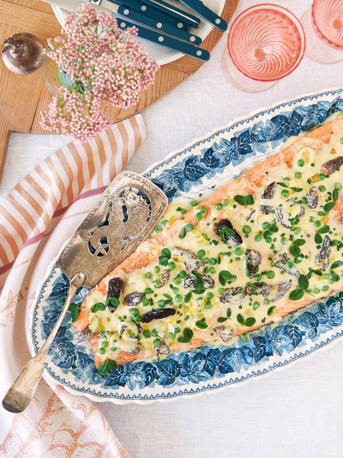 Roasted Salmon with Morels, Leeks, and English Peas|Weston Table
