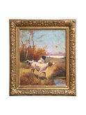 1900 English Pointer Hunting Dogs Pendant Pair Oil Paintings One Weston Table