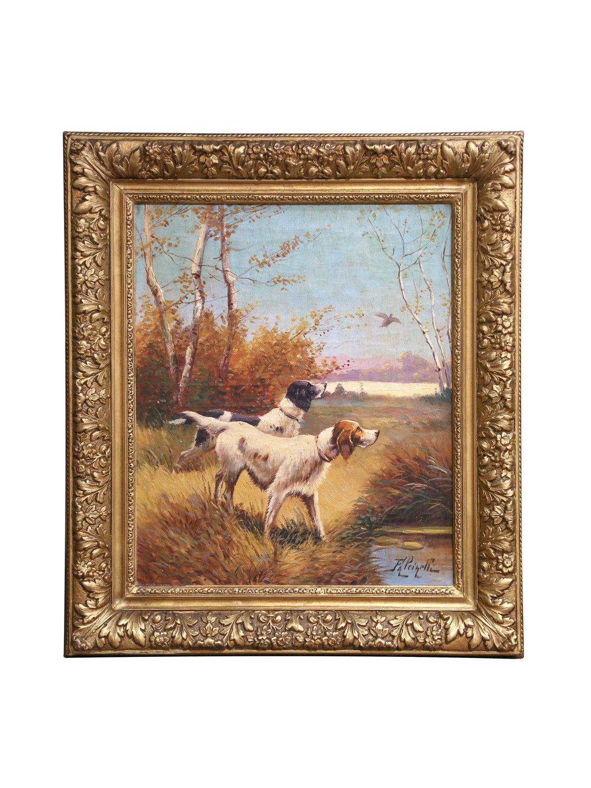 1900 English Pointer Hunting Dogs Pendant Pair Oil Paintings One Weston Table