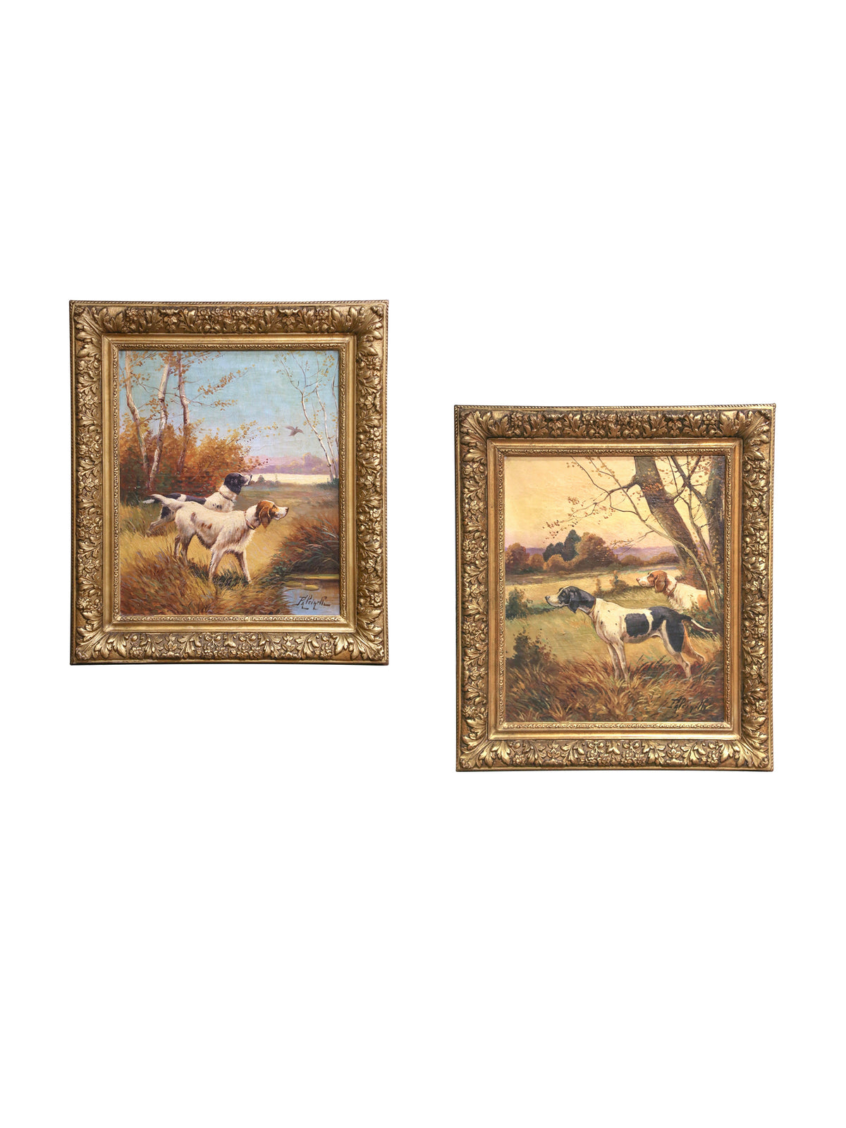 1900 English Pointer Hunting Dogs Pendant Pair Oil Paintings Weston Table