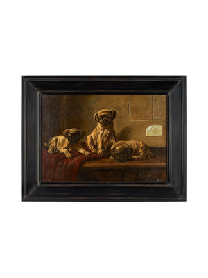  1920s Pug Puppies Oil Painting Weston Table 
