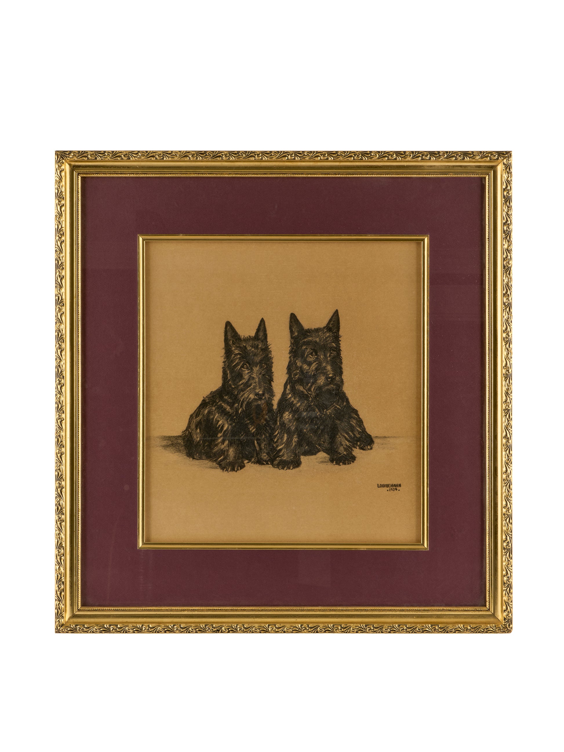 1934 Louise Hahn Scottie Dog Charcoal Framed Art Weston Table