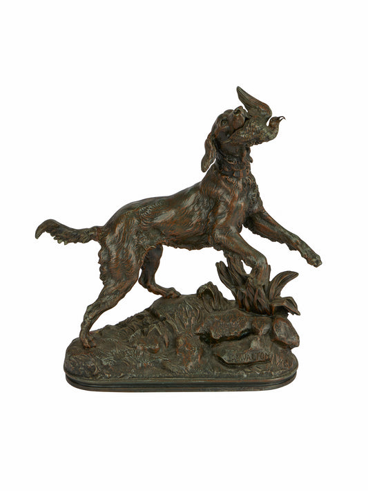 19th Century Charles Valton Bronze Hunting Dog with Bird Statue Weston Table