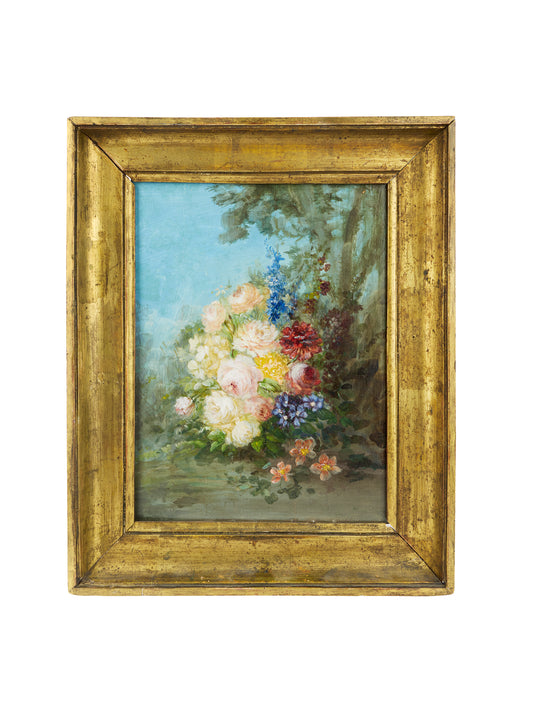 19th Century French Flower Oil Painting on Wood Panel Weston Table