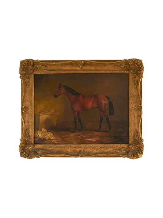 19th Century Henri Braun Bay Horse in Stable Oil Painting Weston Table