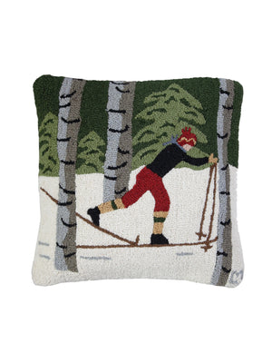  Back Country Skier Hooked Wool Square Pillow 22" Weston Table 
