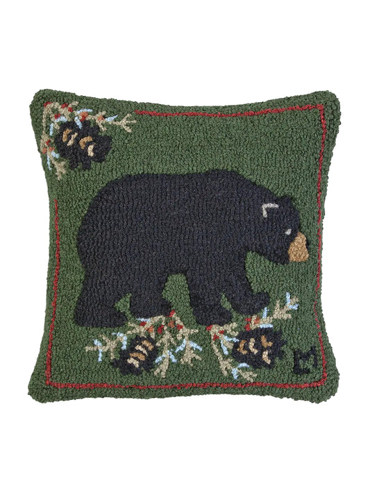 Black Bear with Cones Hooked Wool Pillow Weston Table
