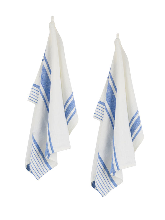 Blue and White Linen Kitchen Towels Set of Two Weston Table