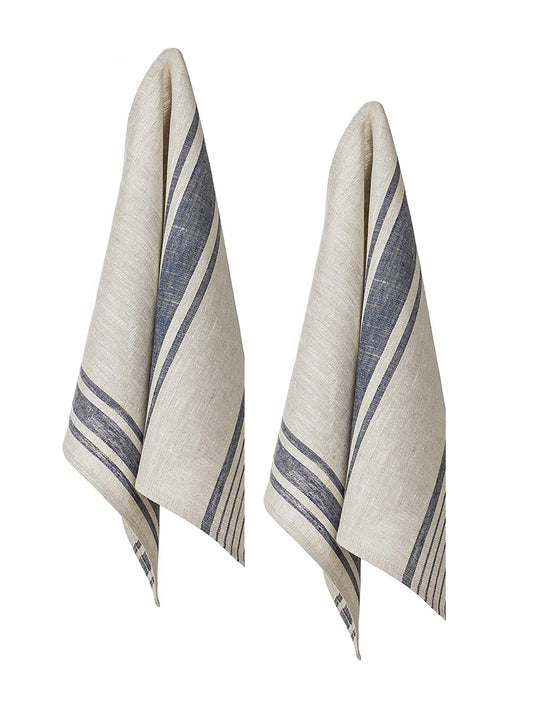 Boston Linen Kitchen Towel Flax and Navy Set of Two Weston Table