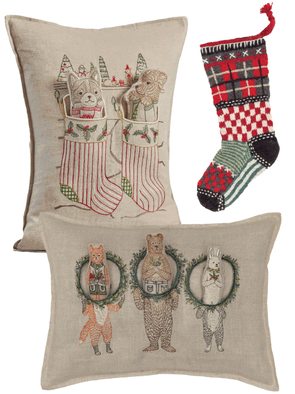 Animated GIF of Coral and Tusk linen pillows and hand-knit stockings.