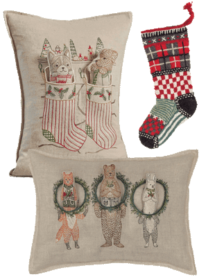  Animated GIF of Coral and Tusk linen pillows and hand-knit stockings. 
