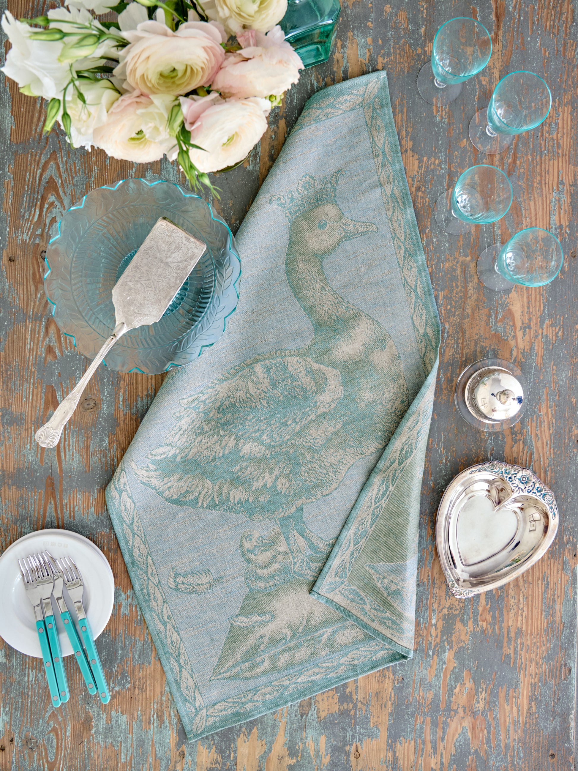 Crowned Goose Robin's Egg Blue Linen Kitchen Towel Weston Table