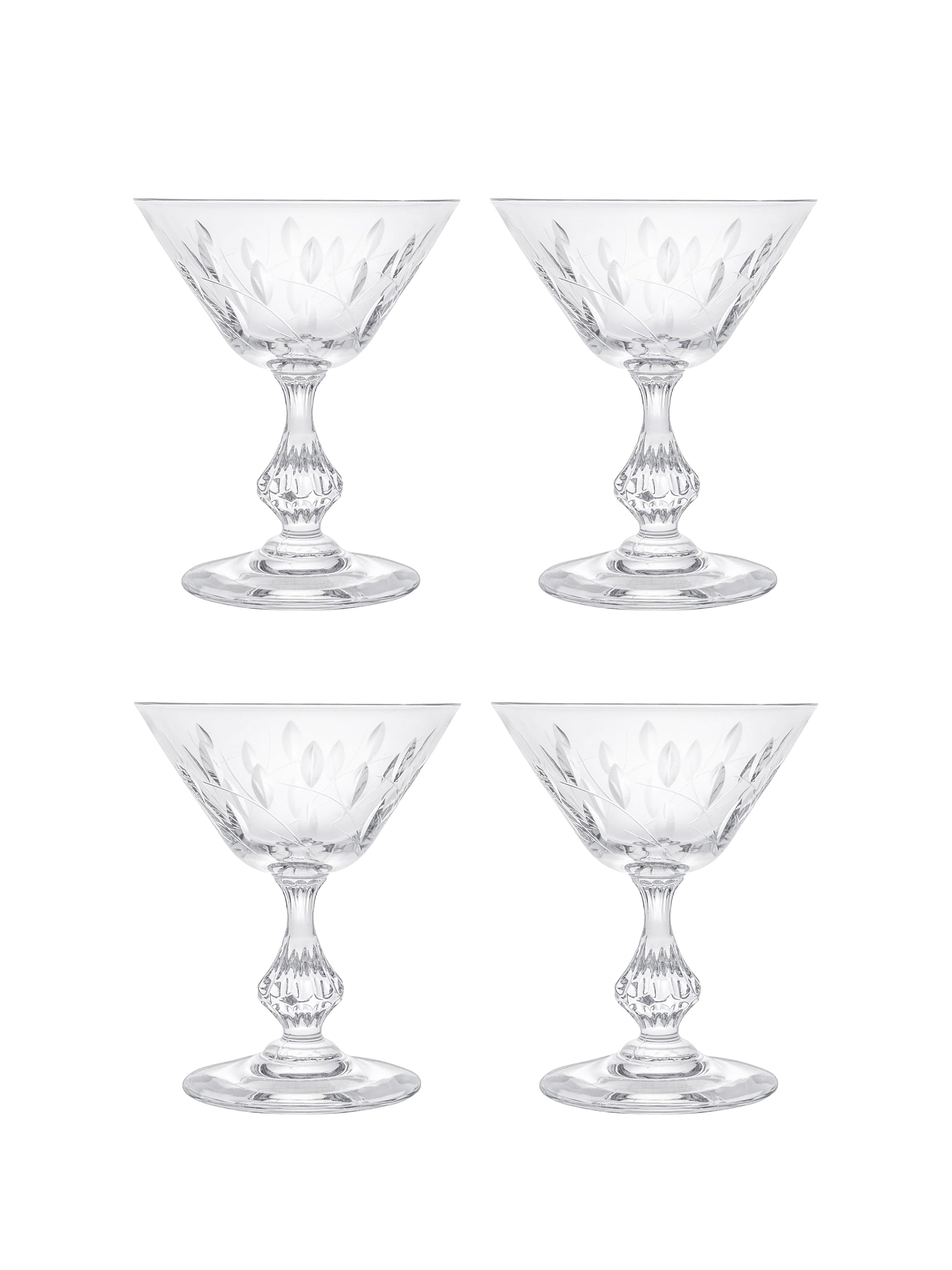 Vintage 1960s Crystal Faceted Stem Champagne Coupes Set of Four